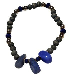 Elegant Blue Gray Beaded Stretch Bracelet Gold Accent Beads Fashion Jewelry